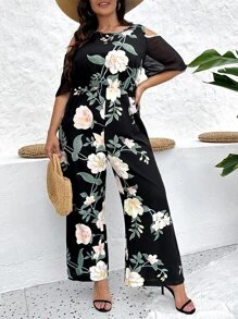 SHEIN Unity Jumpsuits Plus Size Cắt ra Dây kéo Hoa Tất cả trên in Boho - Nhiều màu - Xem 3