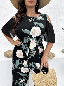 SHEIN Unity Jumpsuits Plus Size Cắt ra Dây kéo Hoa Tất cả trên in Boho - Nhiều màu - Xem 5