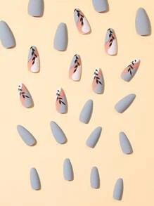 Eleva il tuo stile con 24 pezzi di Unghie finte matte lunghe a forma di mandorla, a blocchi di colore a foglia blu stampata con 1 foglio di nastro adesivo e 1 lima per unghie, forniture per unghie - Multicolore - Visualizzare 3