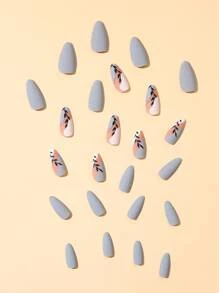 Eleva il tuo stile con 24 pezzi di Unghie finte matte lunghe a forma di mandorla, a blocchi di colore a foglia blu stampata con 1 foglio di nastro adesivo e 1 lima per unghie, forniture per unghie - Multicolore - Visualizzare 4