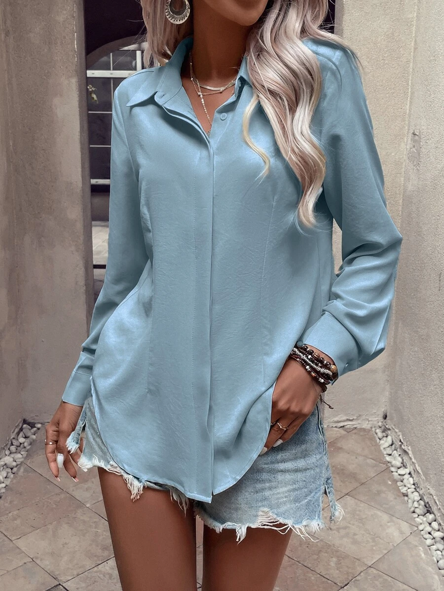SHEIN Clasi Camisa unicolor bajo curvo con botón - Azul - Ver 1