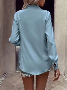 SHEIN Clasi Camisa unicolor bajo curvo con botón - Azul - Ver 2