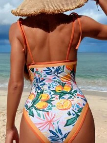 Swim Vcay Summer Beach Fruit Print Tie Shoulder One Piece Swimsuit - Multicolor - View 2