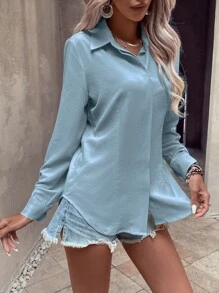 SHEIN Clasi Camisa unicolor bajo curvo con botón - Azul - Ver 5