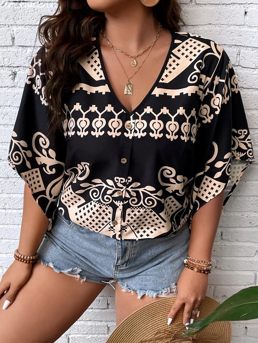 SHEIN LUNE Plus Graphic Print Batwing Sleeve Blouse - Multicolor - View 1