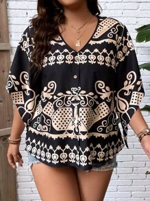 SHEIN LUNE Plus Graphic Print Batwing Sleeve Blouse - Multicolor - View 5