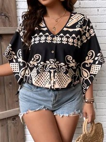 SHEIN LUNE Plus Graphic Print Batwing Sleeve Blouse - Multicolor - View 6