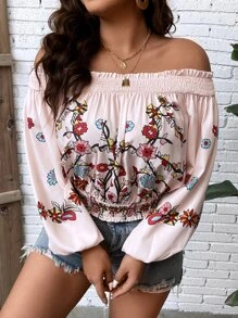 SHEIN Holidaya Plus Floral Print Off Shoulder Frill Trim Lantern Sleeve Blouse - Baby Pink - View 2