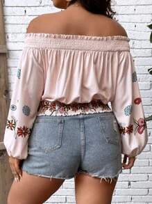 SHEIN Holidaya Plus Floral Print Off Shoulder Frill Trim Lantern Sleeve Blouse - Baby Pink - View 3