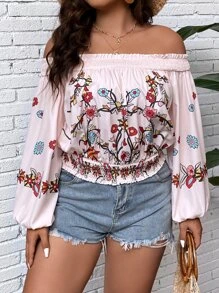 SHEIN Holidaya Plus Floral Print Off Shoulder Frill Trim Lantern Sleeve Blouse - Baby Pink - View 4