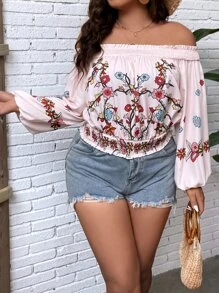 SHEIN Holidaya Plus Floral Print Off Shoulder Frill Trim Lantern Sleeve Blouse - Baby Pink - View 5