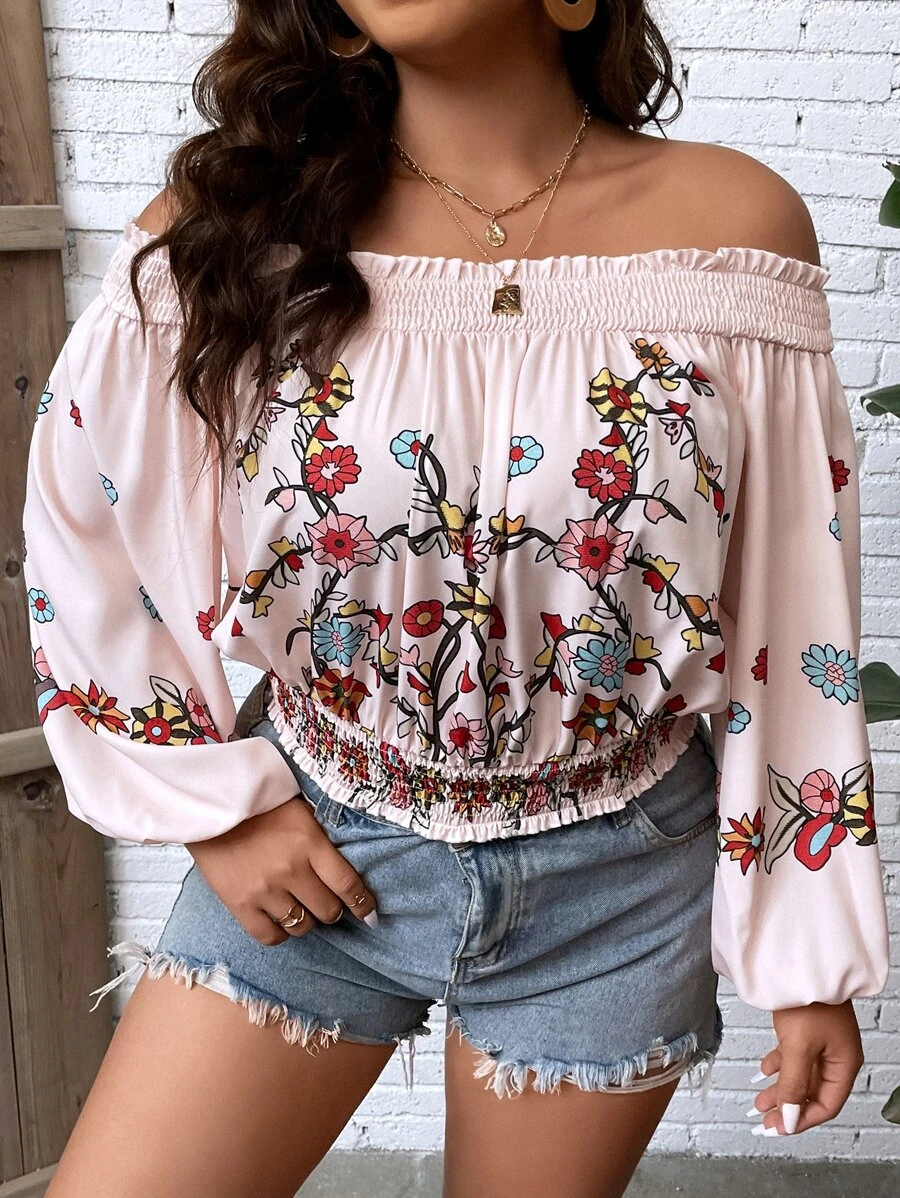 SHEIN Holidaya Plus Floral Print Off Shoulder Frill Trim Lantern Sleeve Blouse - Baby Pink - View 1