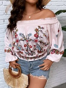 SHEIN Holidaya Plus Floral Print Off Shoulder Frill Trim Lantern Sleeve Blouse - Baby Pink - View 6