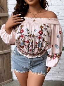SHEIN Holidaya Plus Floral Print Off Shoulder Frill Trim Lantern Sleeve Blouse - Baby Pink - View 7