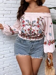 SHEIN Holidaya Plus Floral Print Off Shoulder Frill Trim Lantern Sleeve Blouse - Baby Pink - View 8