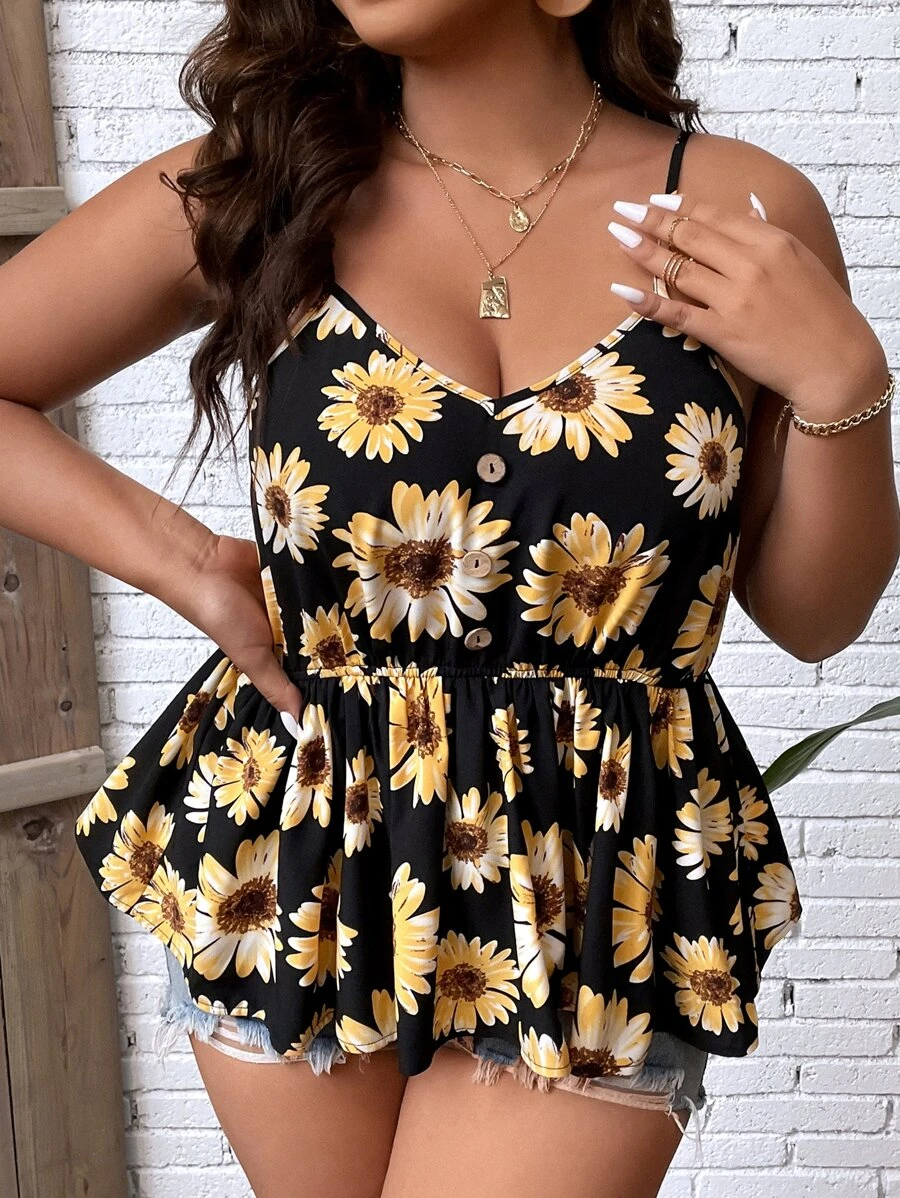 Breezaya 大码波西米亚风花卉印花荷叶边吊带背心，适合夏季