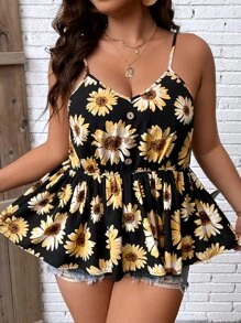 Breezaya 大码波西米亚风花卉印花荷叶边吊带背心，适合夏季