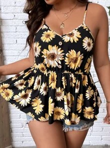 Breezaya 大码波西米亚风花卉印花荷叶边吊带背心，适合夏季