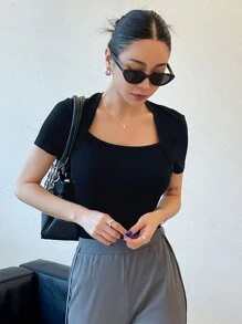 DAZY Chất rắn Cổ vuông Áo thun - màu đen - Xem 2