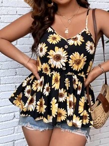 Breezaya 大码波西米亚风花卉印花荷叶边吊带背心，适合夏季