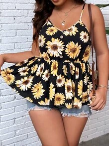 Breezaya 大码波西米亚风花卉印花荷叶边吊带背心，适合夏季