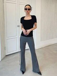 DAZY Chất rắn Cổ vuông Áo thun - màu đen - Xem 3