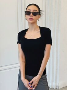 DAZY Chất rắn Cổ vuông Áo thun - màu đen - Xem 4