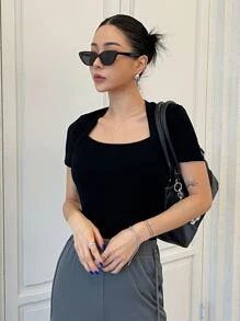 DAZY Chất rắn Cổ vuông Áo thun - màu đen - Xem 5