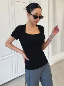 DAZY Chất rắn Cổ vuông Áo thun - màu đen - Xem 6