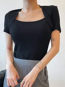 DAZY Chất rắn Cổ vuông Áo thun - màu đen - Xem 7