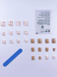Elevate Your Style with 24pcs Short Square Nude Marble Pattern Fake Nail & 1sheet Tape & 1pc Nail File - Multicolor - View 2