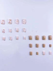 Elevate Your Style with 24pcs Short Square Nude Marble Pattern Fake Nail & 1sheet Tape & 1pc Nail File - Multicolor - View 3