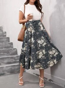 SHEIN LUNE Plus Floral Print Knot Skirt - Multicolor - View 1