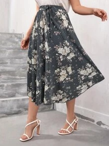 SHEIN LUNE Plus Floral Print Knot Skirt - Multicolor - View 3