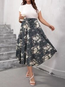 SHEIN LUNE Plus Floral Print Knot Skirt - Multicolor - View 4