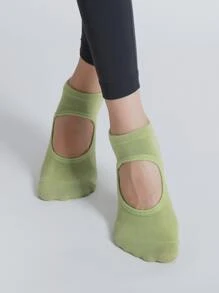 1 Par Calcetines De Yoga Antideslizantes Con Diseño De Punta Redonda Y Talón Abierto Para Deportes En Interiores Y Ejercicios En El Piso Cómodos - Verde - Ver 3