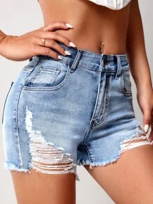 Ripped Raw Hem Denim Shorts - Light Wash - View 3