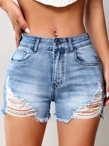 Ripped Raw Hem Denim Shorts - Light Wash - View 4