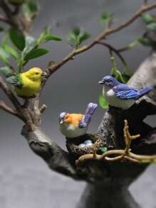 (3 Birds & 1 Nest) Adorable Simulation Bird Nest Ornament For Garden Landscape Decoration With Eggs And Birds Micro Landscape Decoration - Multicolor - View 1