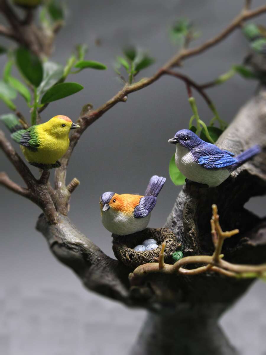 (3 Birds & 1 Nest) Adorable Simulation Bird Nest Ornament For Garden Landscape Decoration With Eggs And Birds Micro Landscape Decoration - Multicolor - View 1