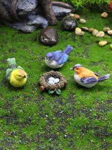 (3 Birds & 1 Nest) Adorable Simulation Bird Nest Ornament For Garden Landscape Decoration With Eggs And Birds Micro Landscape Decoration - Multicolor - View 2