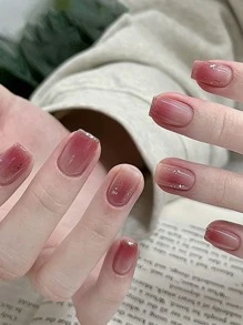 24pcs/Set Square Short Nail Art Stickers, High-End, Sweet, Simple, Elegant, Ins Style, Show White, European And American Fashionable, Popular For Foreign Trade, With 1 Jelly Gel And 1 Nail File - Burgundy - View 1