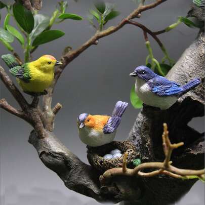 (3隻小鳥和1個巢)可愛的仿真鳥巢裝飾物,適用於花園景觀裝飾,夾帶蛋和鳥類微景觀裝飾