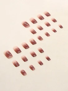 24pcs/Set Square Short Nail Art Stickers, High-End, Sweet, Simple, Elegant, Ins Style, Show White, European And American Fashionable, Popular For Foreign Trade, With 1 Jelly Gel And 1 Nail File - Burgundy - View 3