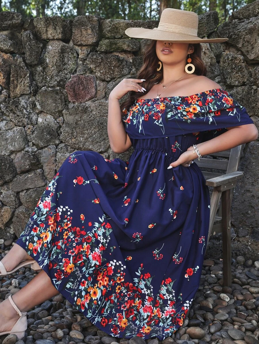 SHEIN Clasi Plus Floral Print Off Shoulder Ruffle Trim Dress | SHEIN USA