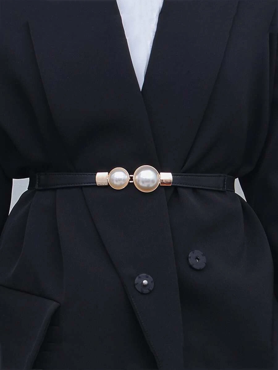 1入組人造珍珠裝飾鬆緊腰帶 - 黑色 - 查看 1
