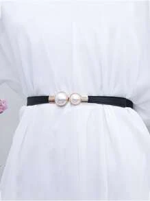 1入組人造珍珠裝飾鬆緊腰帶 - 黑色 - 查看 2