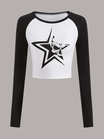 Camiseta estampado de cráneo & estrella de color combinado de manga raglán