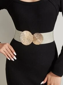 Textured Metal Round Buckle Belt - Gold - View 12