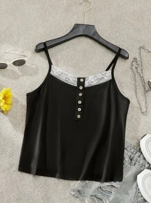 SHEIN LUNE Plus Contrast Lace Cami Top - Black - View 1